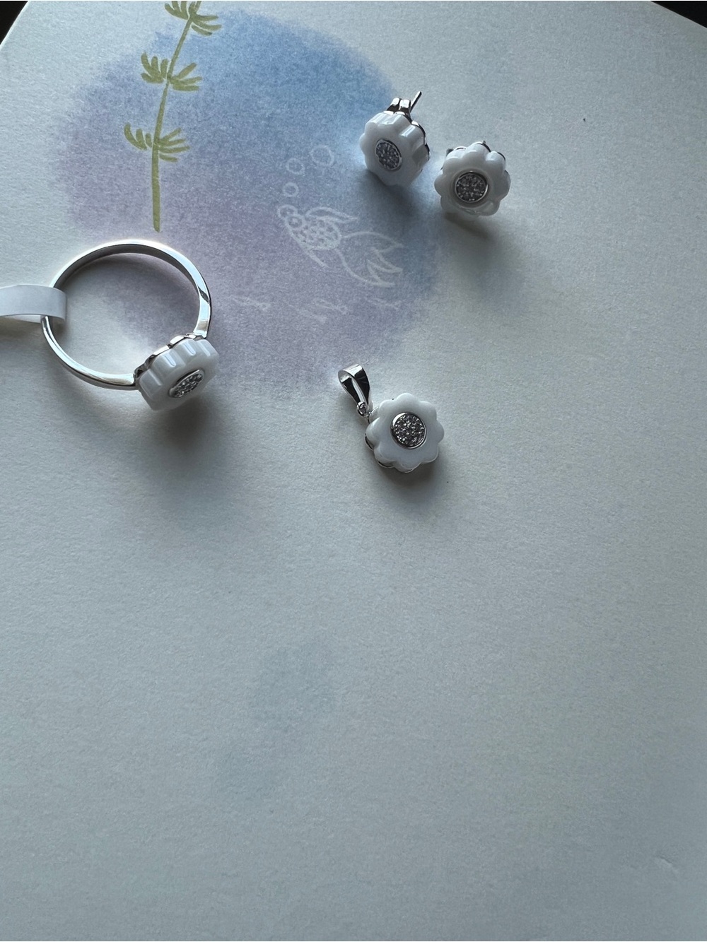White Floral Ceramic Pendant, Ring & Stud Earrings Jewelry Set